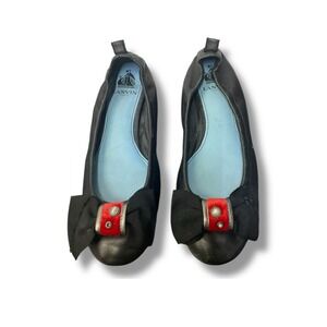 Lanvin Black Leather Ballet Flats Bow Red Velvet Pearl Detail French Chic Shoes